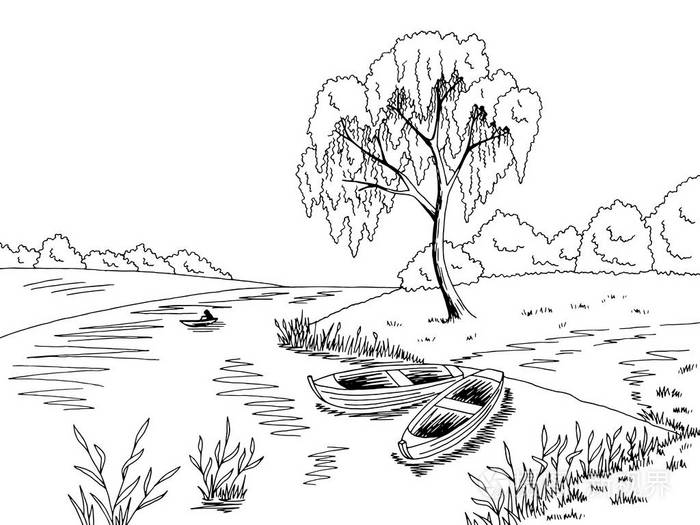 河船图形黑色白色风景素描图矢量