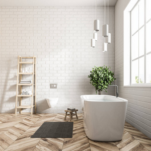 现代浴室内部有白色的墙壁, 一层木地板, 一个浴缸, 站在窗口下, 和货架。侧面视图3d 渲染模拟