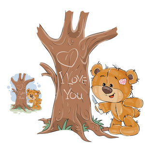 矢量图的一个充满爱的棕色泰迪熊刻在一棵树干一个心和铭文我爱你