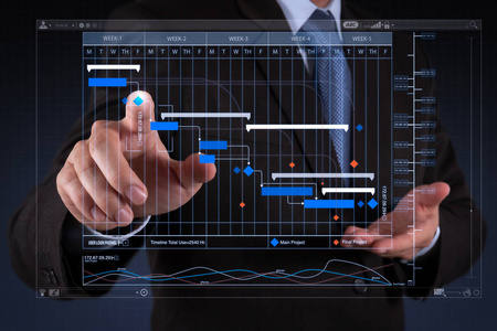 项目经理使用里程碑进度计划和甘特图计划虚拟图来工作和更新任务. 商人手操作触摸屏动作
