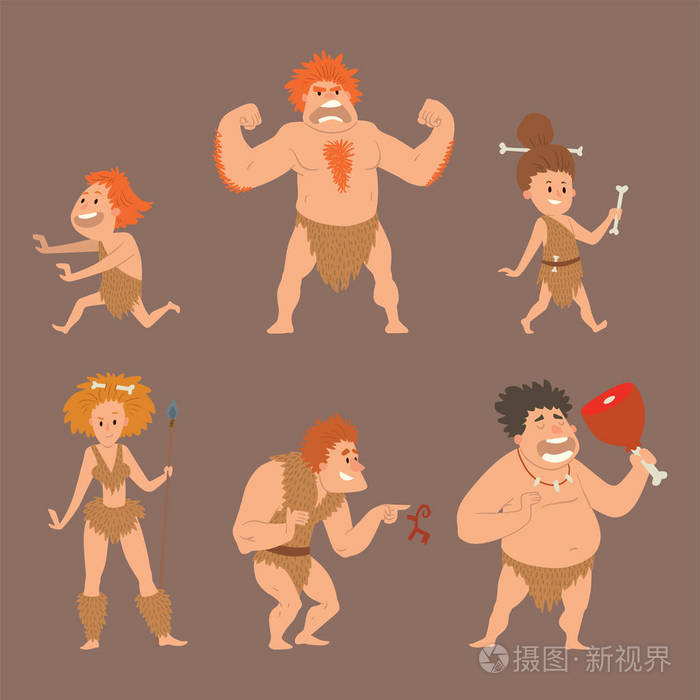 穴居人原始石器时代卡通尼安德塔人人物进化矢量图