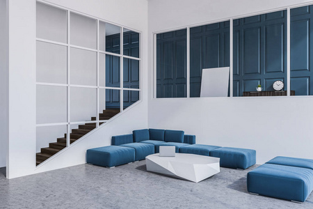 蓝色沙发站在一个石板像表在一个工作室公寓, 白色的墙壁和混凝土地板。楼梯向左。方形海报。3d 渲染模拟