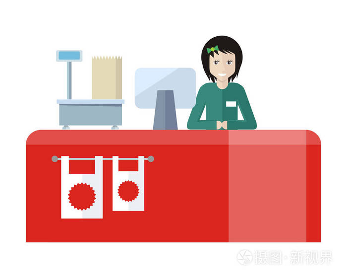 店员坐在收银台插画-正版商用图片0r52li-摄图新视界