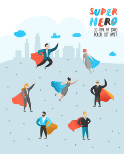 超级英雄商业人物海报, 横幅。企业领导, 成功, 激励理念。穿红色斗篷的男人和女人。矢量插图