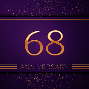 逼真的六十八周年庆典设计横幅。金色的数字和五彩纸屑在紫色的背景。为您的生日聚会提供丰富多彩的矢量模板元素