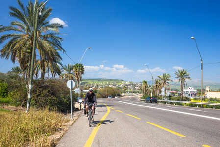 幸福摩托上的棕榈树在以色列的背景