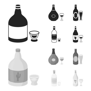 龙舌兰酒白兰地啤酒伏特加酒精集合图标在黑色, monochrom 样式矢量符号股票插画网站