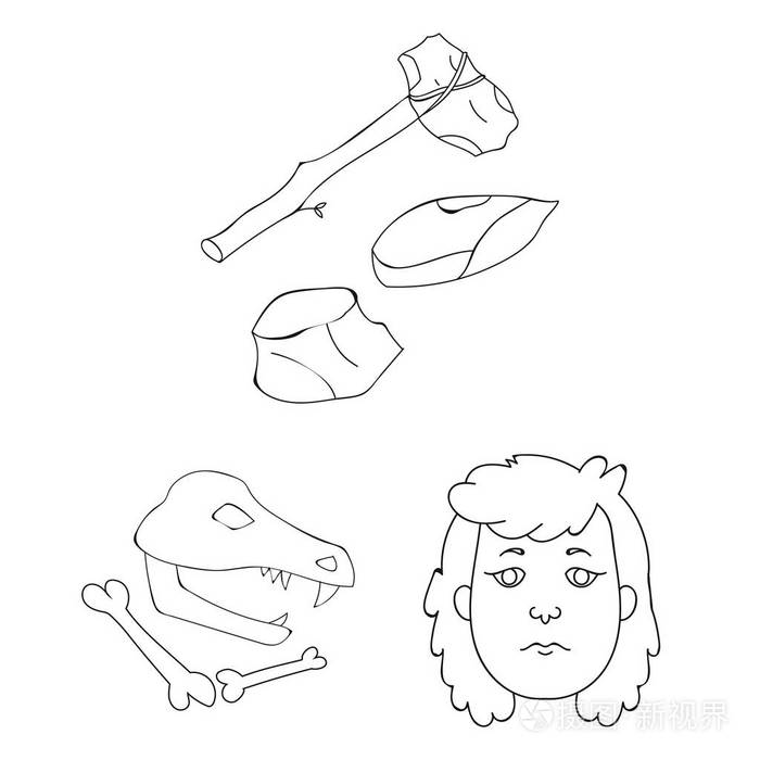 生命中的石器时代轮廓图标集合中的设计.古代人矢量符号股票网页插图