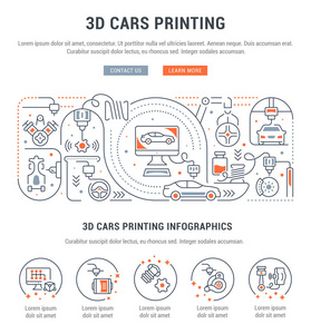 3d 汽车印刷线横幅。创建3d 汽车和备件过程的矢量说明