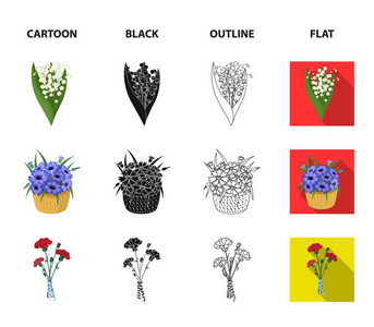 一束鲜花, 卡通, 黑色, 轮廓, 平面图标集合为设计。各种花束矢量符号股票 web 插图