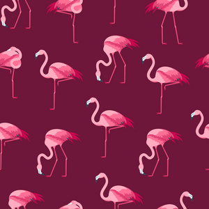 动画片粉红火烈鸟鸟无缝图案背景。向量