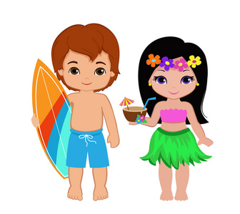 可爱的男孩，与冲浪板和鸡尾酒的夏威夷女孩插图