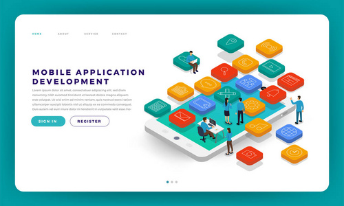 模拟设计网站平面设计概念移动应用程序开发与开发人员编码和合作。等距向量图