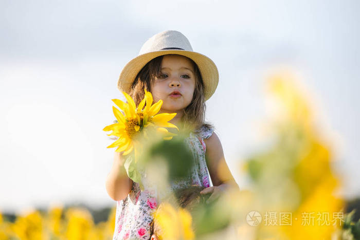 夏天在向日葵地里的快乐小女孩.美丽的小宝宝在向日葵