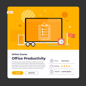 样机设计登陆页网站教育在线课程办公室生产力。矢量插图。平面设计元素