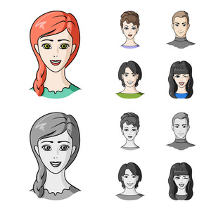 年轻人的不同外貌。头像和脸集图标在卡通, 单色风格矢量符号股票插画网站