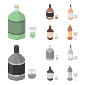威士忌, 白酒, 朗姆酒, 苦艾酒。酒精集合图标在卡通, 单色风格矢量符号股票插画网站
