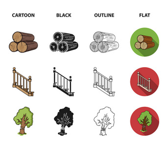 在栈, 平面, 树, 梯子与扶手的日志。锯木厂和木材集合图标在卡通, 黑色, 轮廓, 平面风格矢量符号股票插画网站