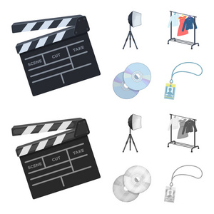 电影, 光盘和其他设备为电影院。制作电影集图标在卡通, 单色风格矢量符号股票插画网站