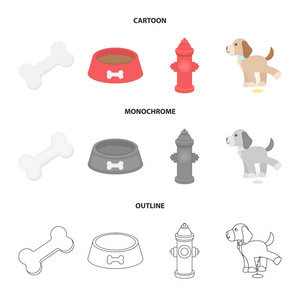 一根骨头, 一个消防栓, 一碗食物, 一只小便狗。狗集合图标在卡通, 轮廓, 单色风格矢量符号股票插画网站