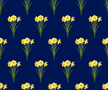 黄色水仙花在海军蓝色背景的水仙无缝。矢量插图