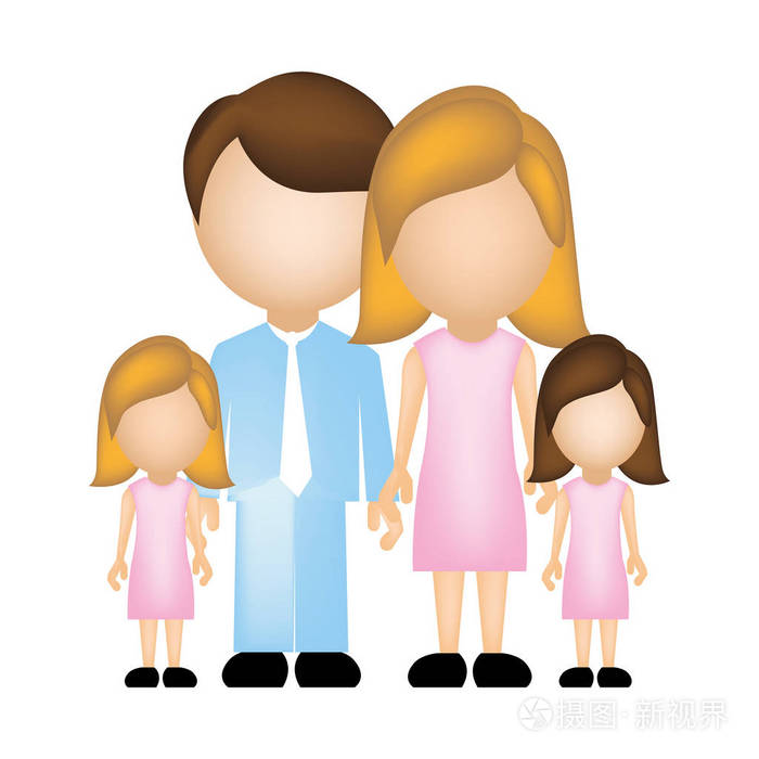 彩色轮廓与爸爸妈妈和两个女的女儿,在正式的衣服不露面
