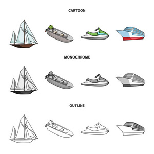 古代帆船, 机动船, 滑板车, 船用班轮。船舶和水运集合图标在卡通, 轮廓, 单色风格矢量符号股票插画网站