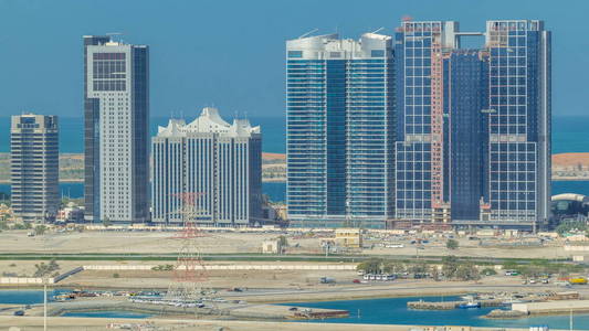 在阿布扎比的 al Reem 和 al Maryah 岛上的建筑物 timelapse 从上面。空中 citiscape 从 A