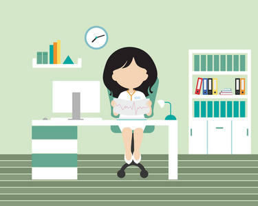 年轻女子医生坐在办公室或在办公桌上的椅子上的手术与计算机和扫描病人的心电图, 绿色的墙壁, 文件柜和时钟的背景矢量