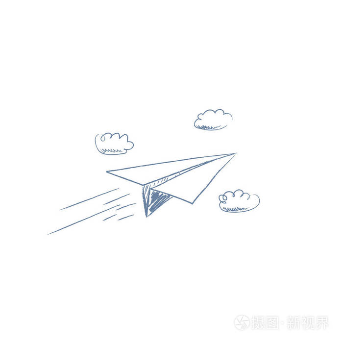 手的纸飞机飞云之间的素描画.铅笔卡通业务概念的自由
