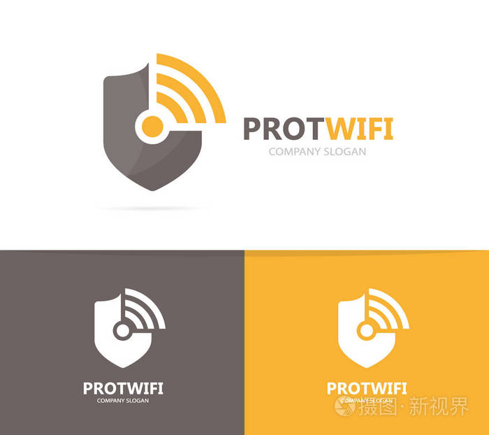 盾牌和 wifi 标志组合矢量.安全和信号符号或图标.