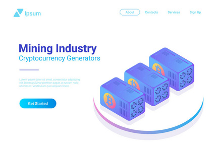 等距比特币矿工电脑网站矢量横幅设计。采矿业 Cryptocurrency 插图概念