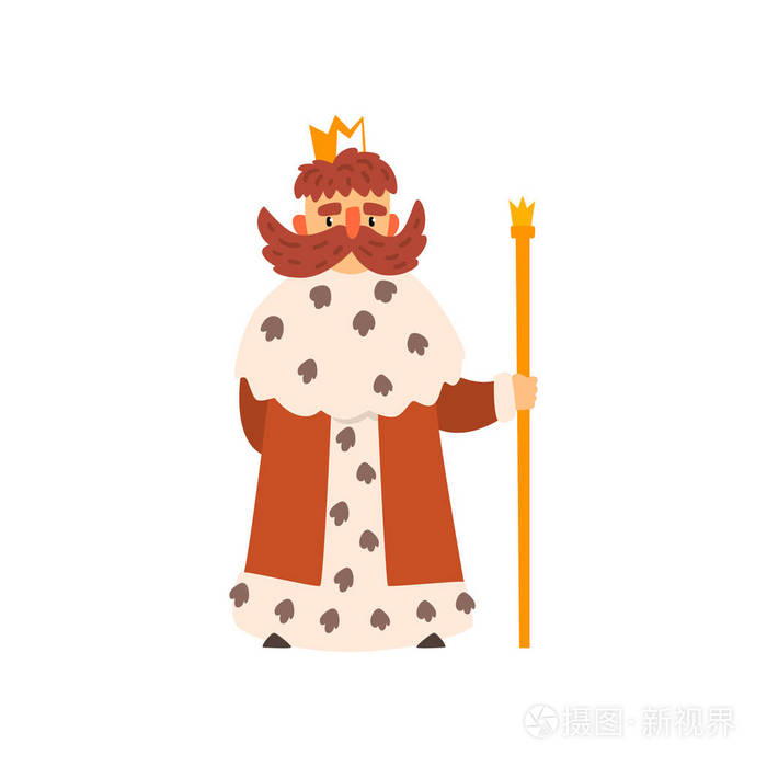 滑稽的国王字符穿着貂皮地幔卡通矢量插图白色背景