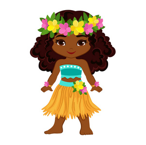 可爱的卡通女孩在传统的夏威夷舞者服装。在白色背景上隔离的矢量插图