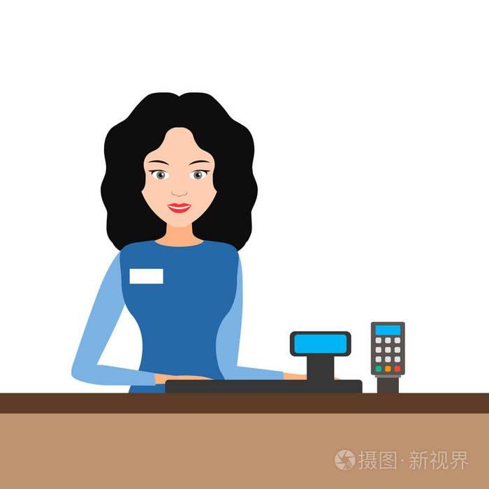 年轻的出纳员女孩背后收银机,矢量