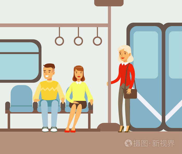 火车车厢,其地方地铁上的乘客,一部分人采取不同的传输类型系列的卡通