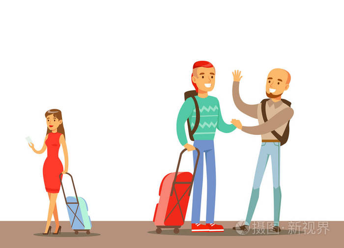 乘客在机场道别,一部分人采取不同的传输类型系列的卡通场景与快乐