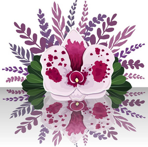 一套白色兰花和紫色的叶子。矢量插图