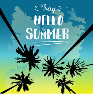 你好暑假模板海报 党 乐趣 旅行 背景 太阳 棕榈树，设计 矢量图
