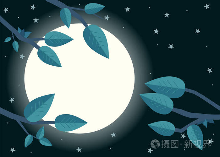 卡通月亮的夜晚.平面向量图, 树, 叶和月亮