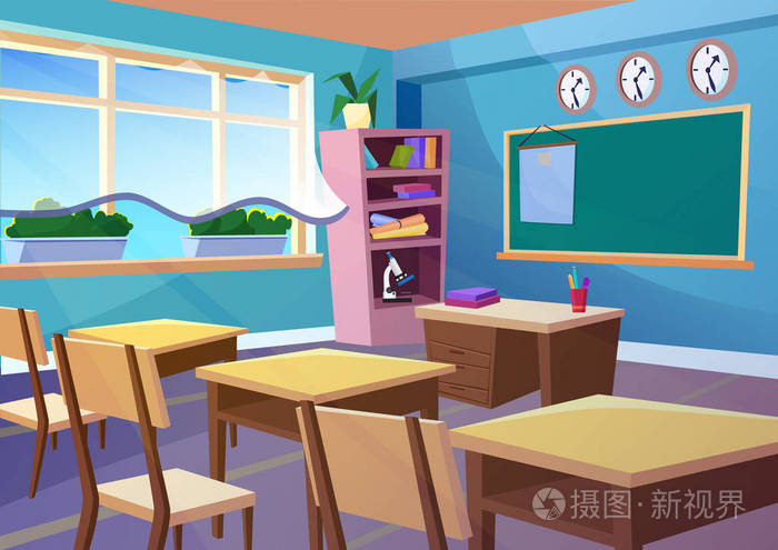 现代梯度平面矢量插画动画空校教室内部.教育类室学校概念背景