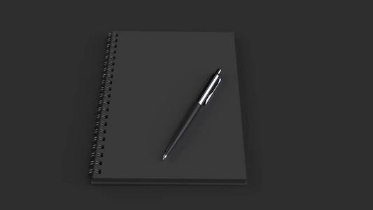 黑色桌上有自动圆珠笔的空白黑色螺旋笔记本。商业教育或办公样机。3d 渲染插图
