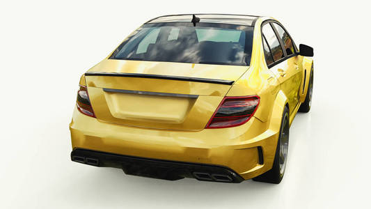 超快跑车彩色金金属白色背景。车身形状轿车。调整是一个普通的家庭汽车的版本。3d 渲染