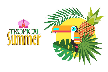 热带的夏天。矢量图。热带植物 巨嘴鸟 菠萝和太阳