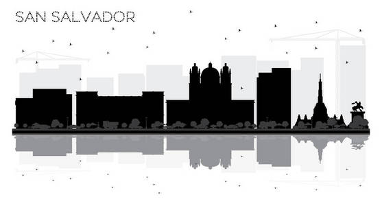 圣萨尔瓦多城市天际线黑色和白色剪影与反射。矢量插图。简单的平面概念为旅游展示, 横幅, 标语牌或网站。景观与地标