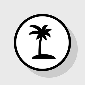 椰子棕榈树标志。矢量。在与阴影在灰色背景的白色圆圈的平黑色图标