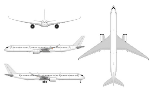 现实的乘客飞机。从上面看前视图侧面视图