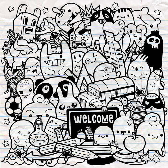 手绘疯狂涂鸦怪兽城市, 绘画风格.矢量插图插画-正版0