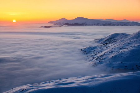 在大雾中的高山上, 清晨的天空在冬日里照亮着橙色的彩灯。梦幻般的冬季风光。位置地方国家公园, 乌克兰, 欧洲