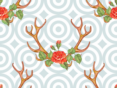 无缝夏季波西米亚部落时尚图案与装饰花鹿鹿角矢量背景完美的壁纸 图案填充 web 页 表面纹理 纺织。角和花卉玫瑰冠